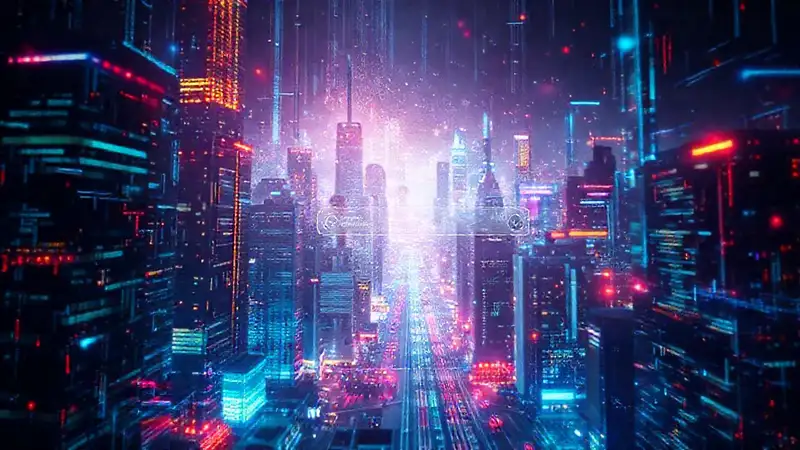 A sleek city pulses with digital light