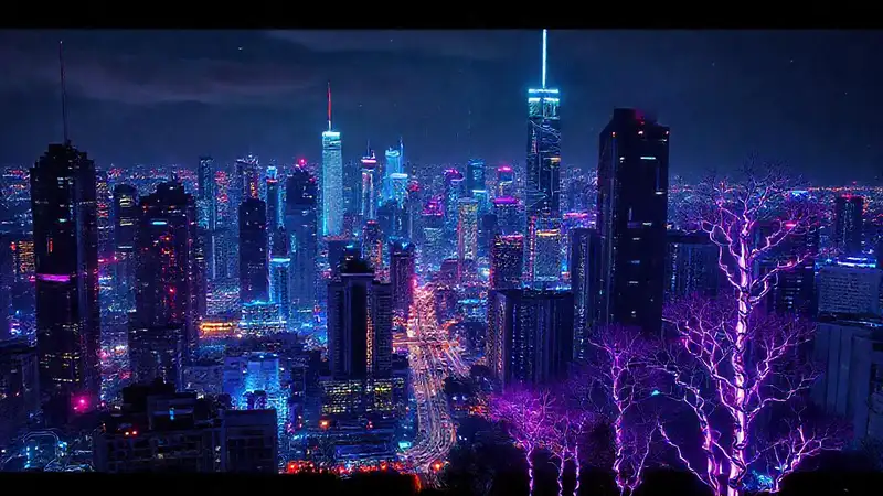 A futuristic city pulsed with digital light