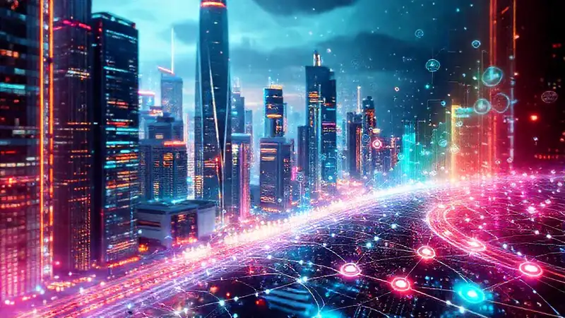 A sleek city displays digital data