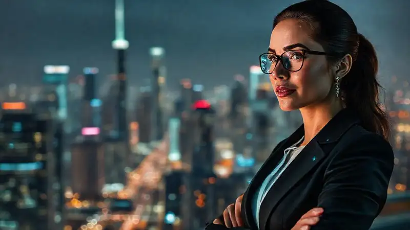 A confident woman navigated a vibrant future