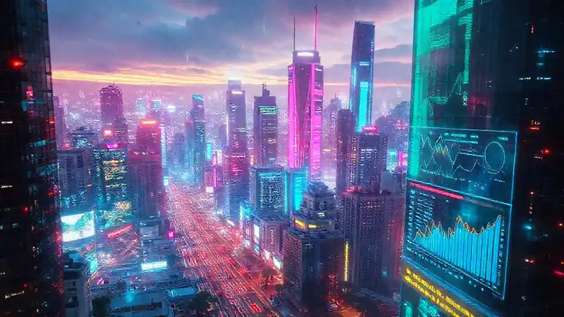 A futuristic city showcases digital marketing data