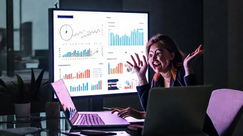 A businesswoman analyzes data for success