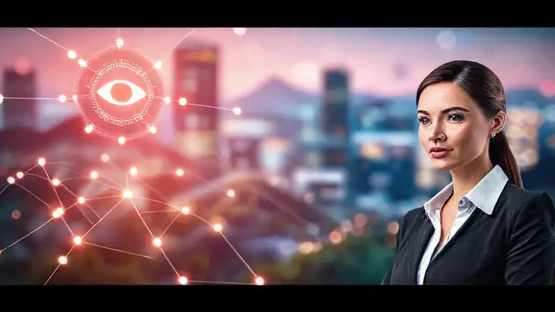 A confident businesswoman navigates a vibrant digital world