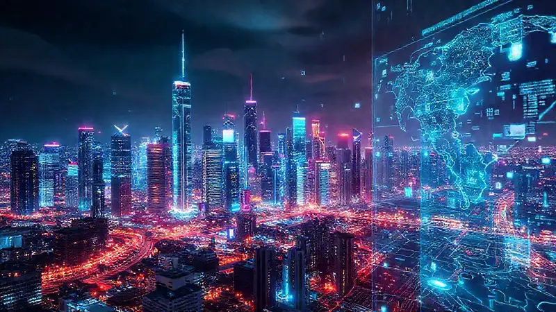 A dazzling, technologically advanced city gleams