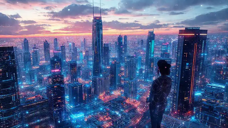 A vibrant, futuristic digital world thrives