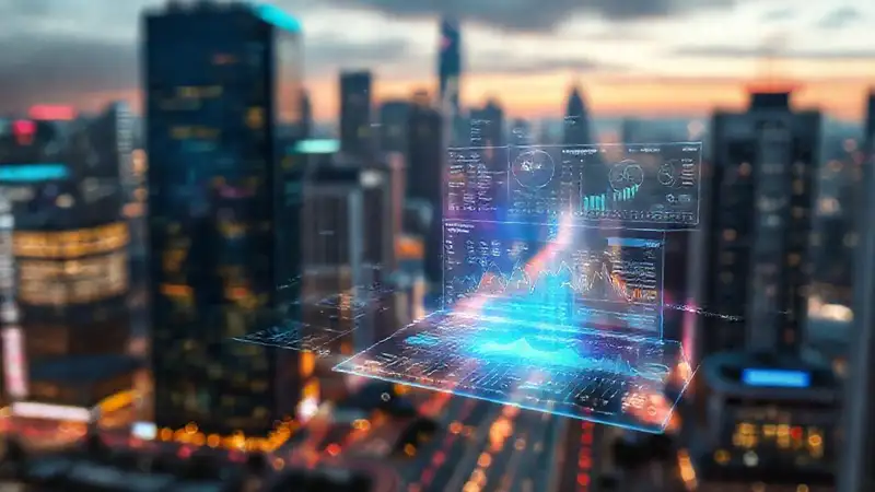 A sleek city visualized through digital data