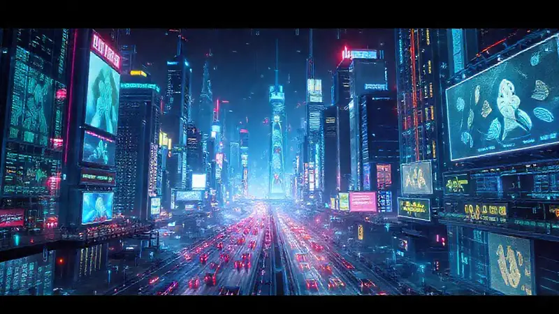 A dazzling, overwhelming digital cityscape pulses