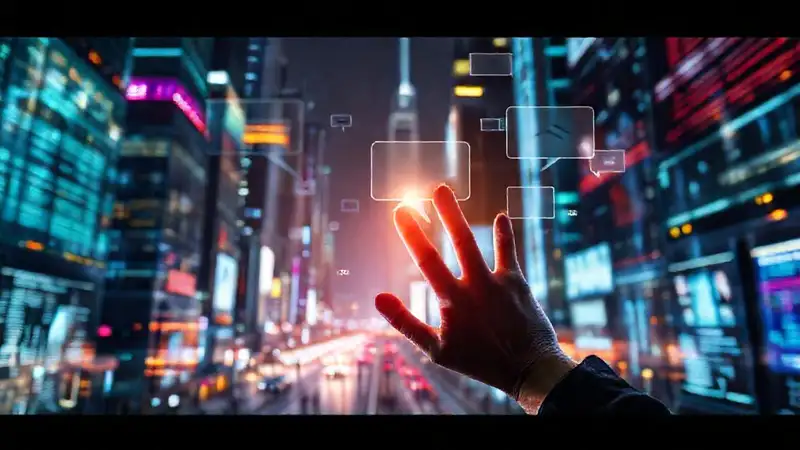 A vibrant city displays digital interfaces